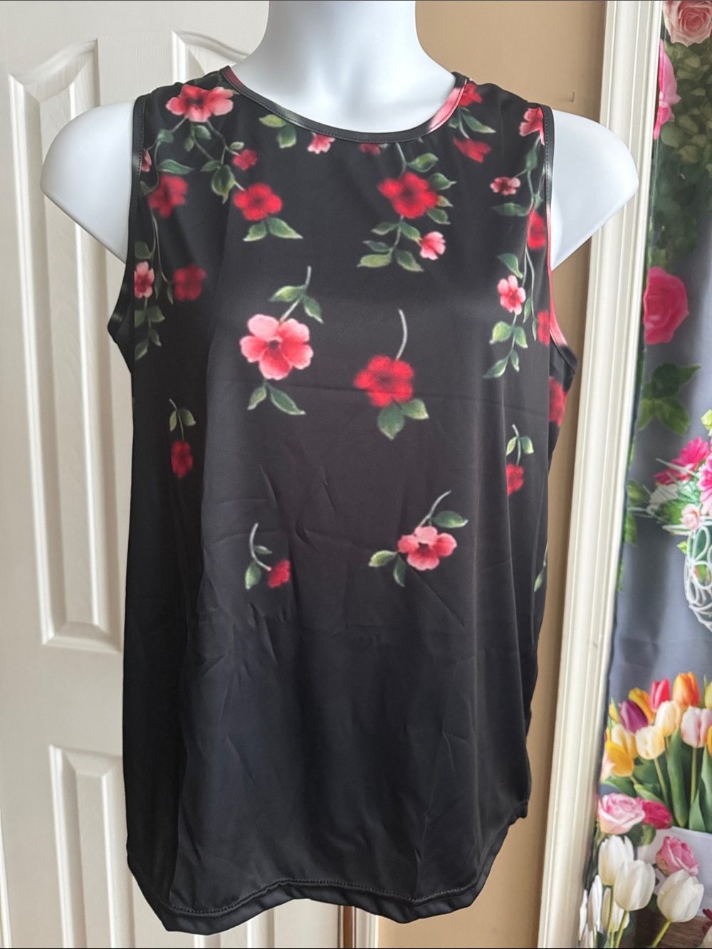 Sleeveless Black Floral Tank Top with Pink & Red Flowers